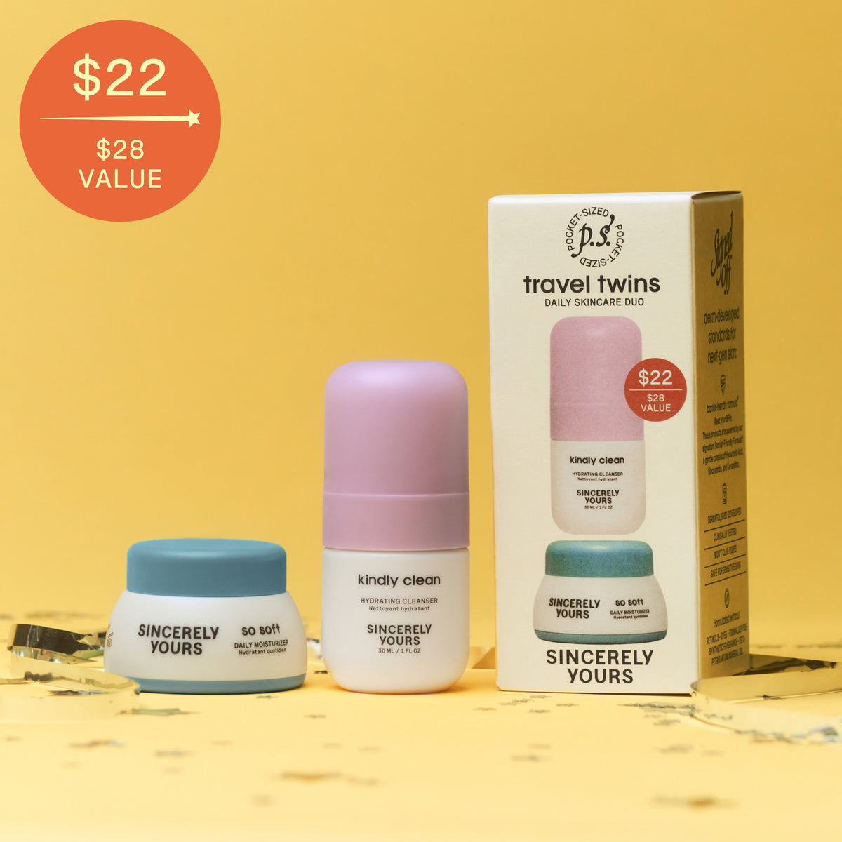 P.S. Travel Twins daily skincare duo carton with kindly clean hydrating cleanser and so soft daily moisturizer, $22 / $28 value