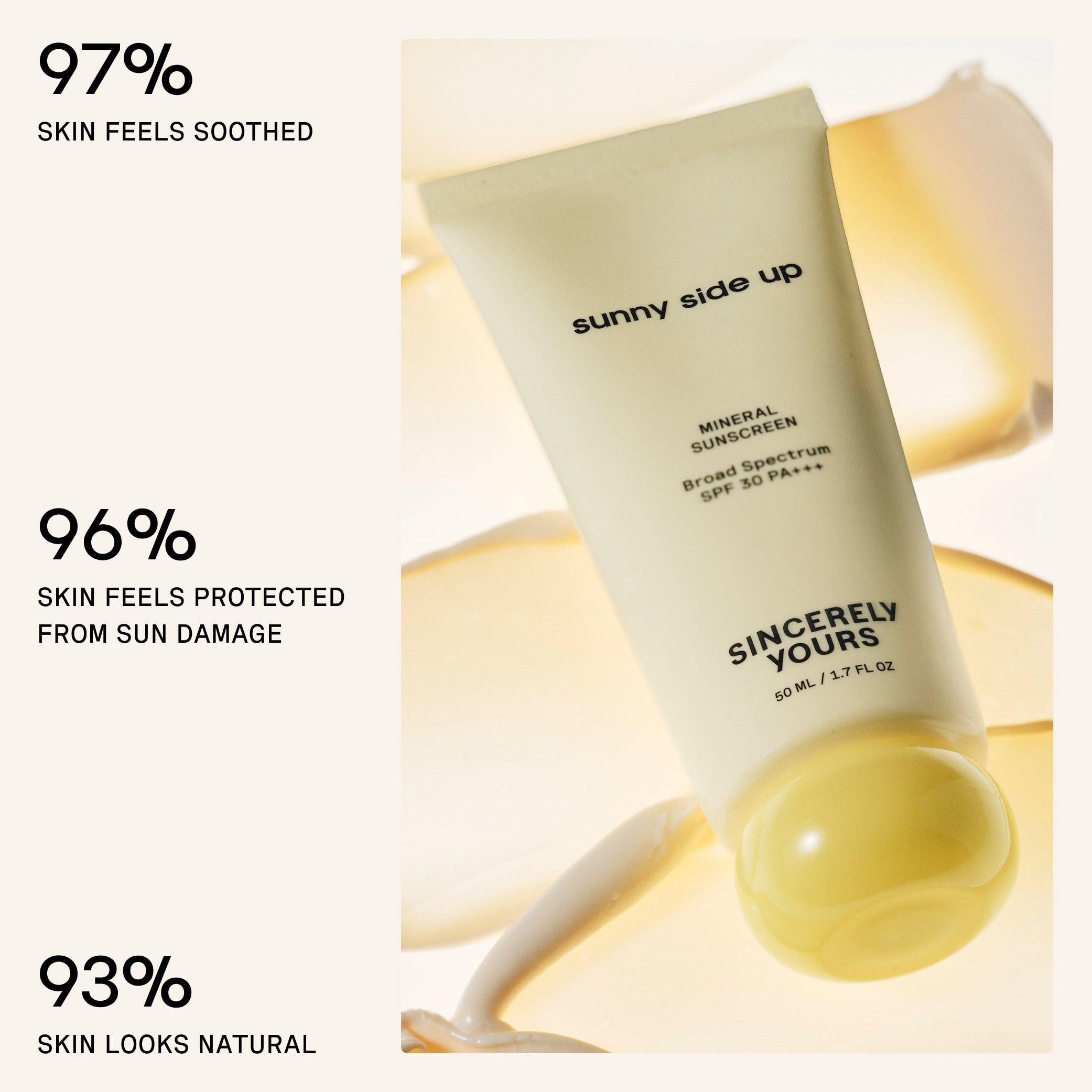 50 ml | Sunny Side Up sunscreen tube with text indicating skin benefits on a light background