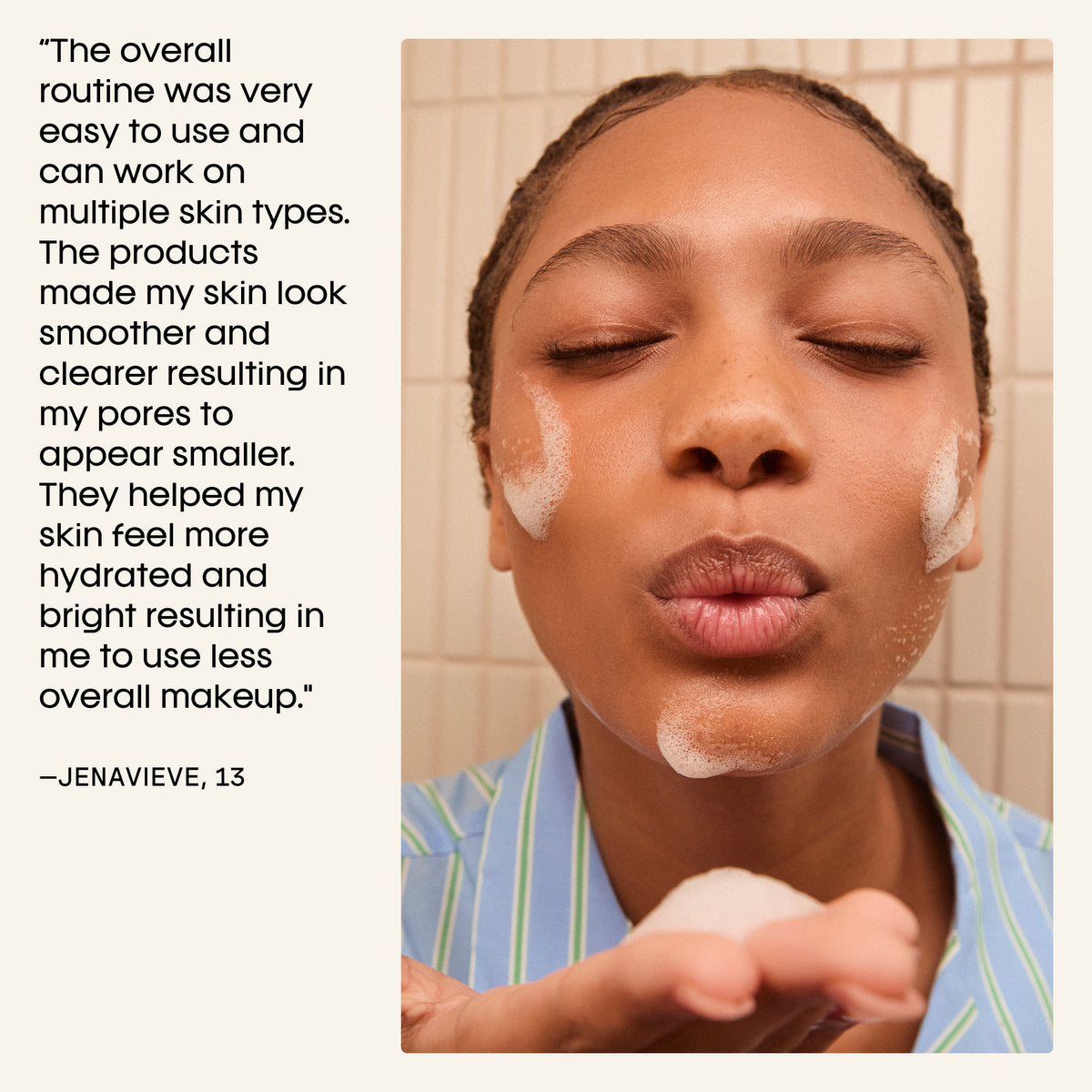 default title | Person applying facial product with text about skincare routine