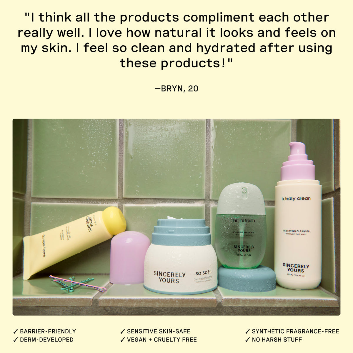 default title | Cosmetic products on a bathroom shelf with a customer review and product features listed.