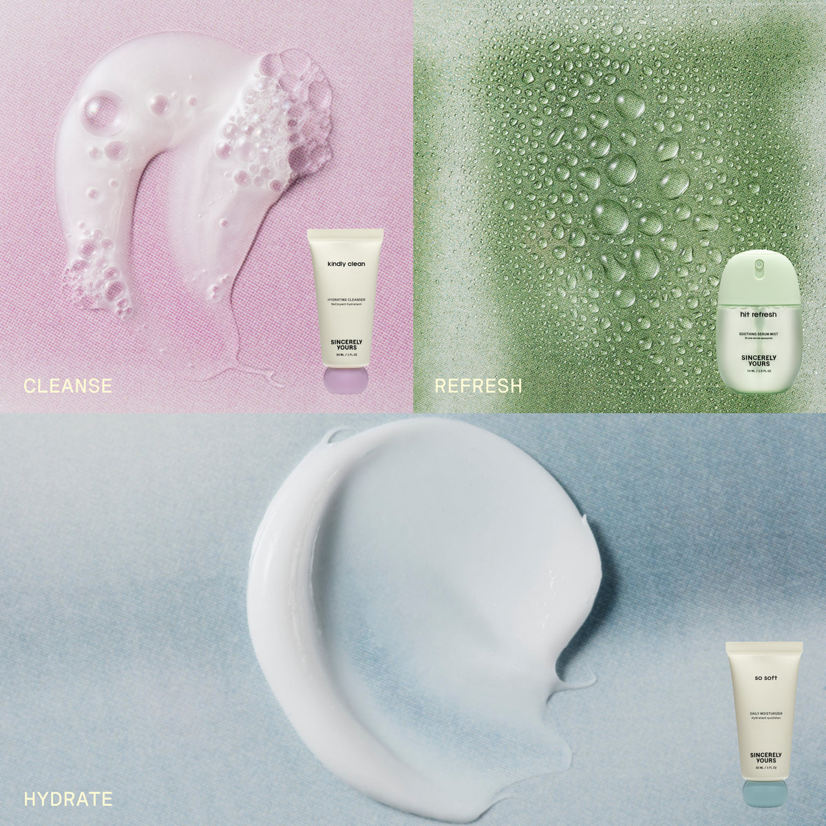 default title | Cosmetic products and tools with 'Cleanse', 'Refresh', and 'Hydrate' text on a gradient background.