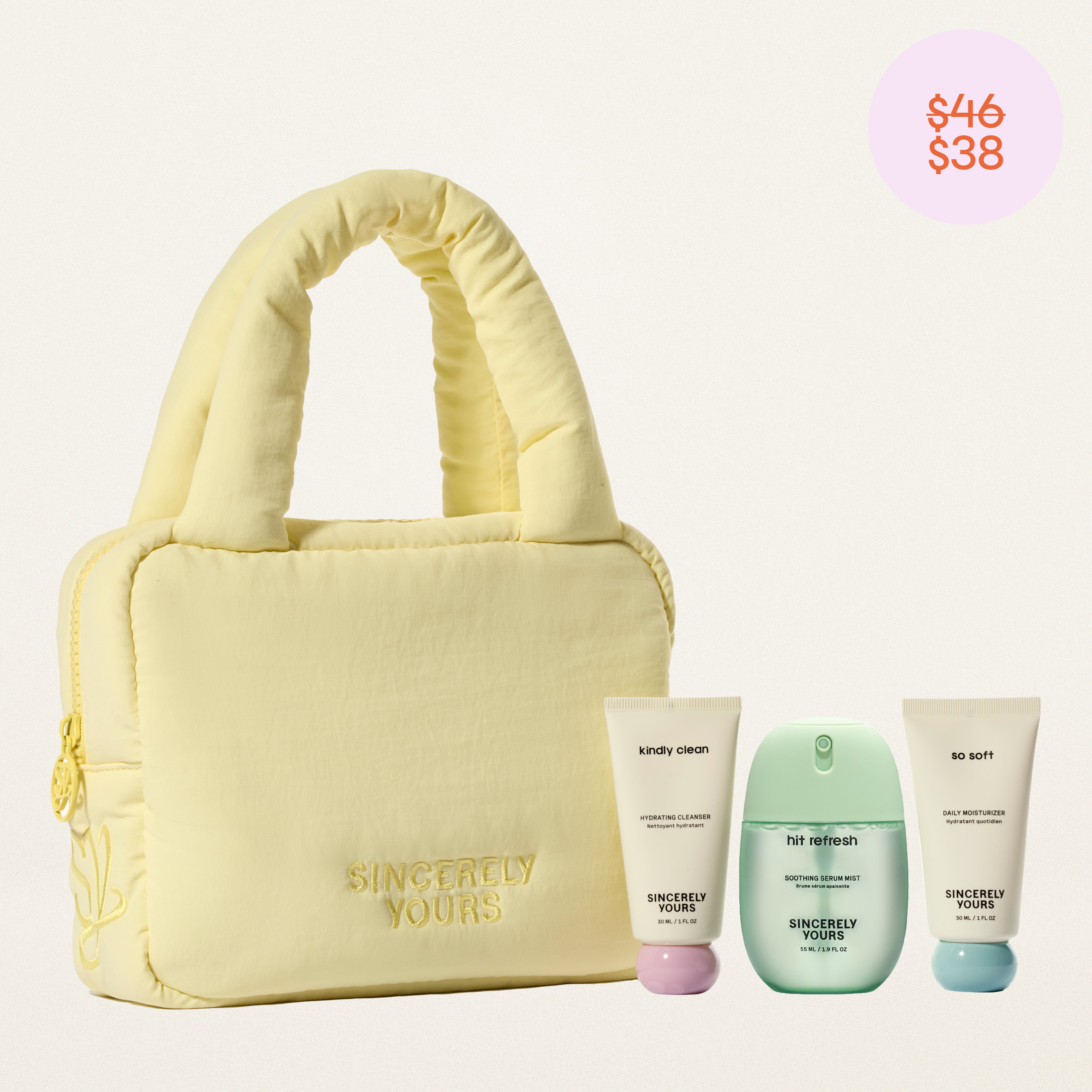 Yellow cosmetic bag with 'Sincerely Yours' branding and three skincare products on a light beige background.