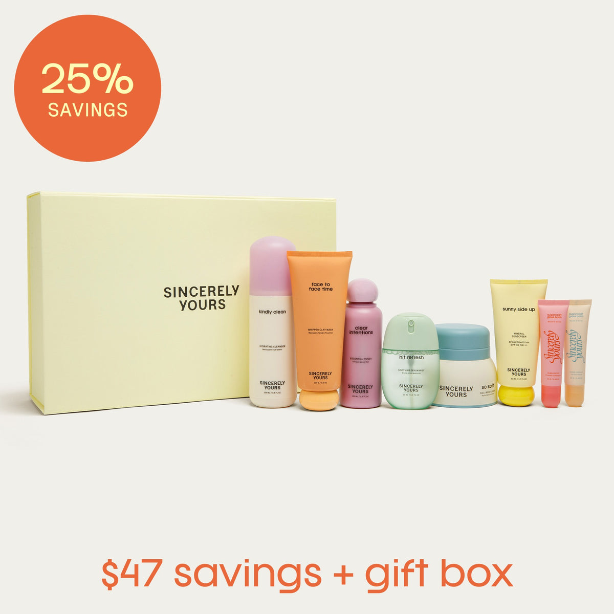 The All Yours Set products lined up beside the keepsake box, $47 savings plus gift box