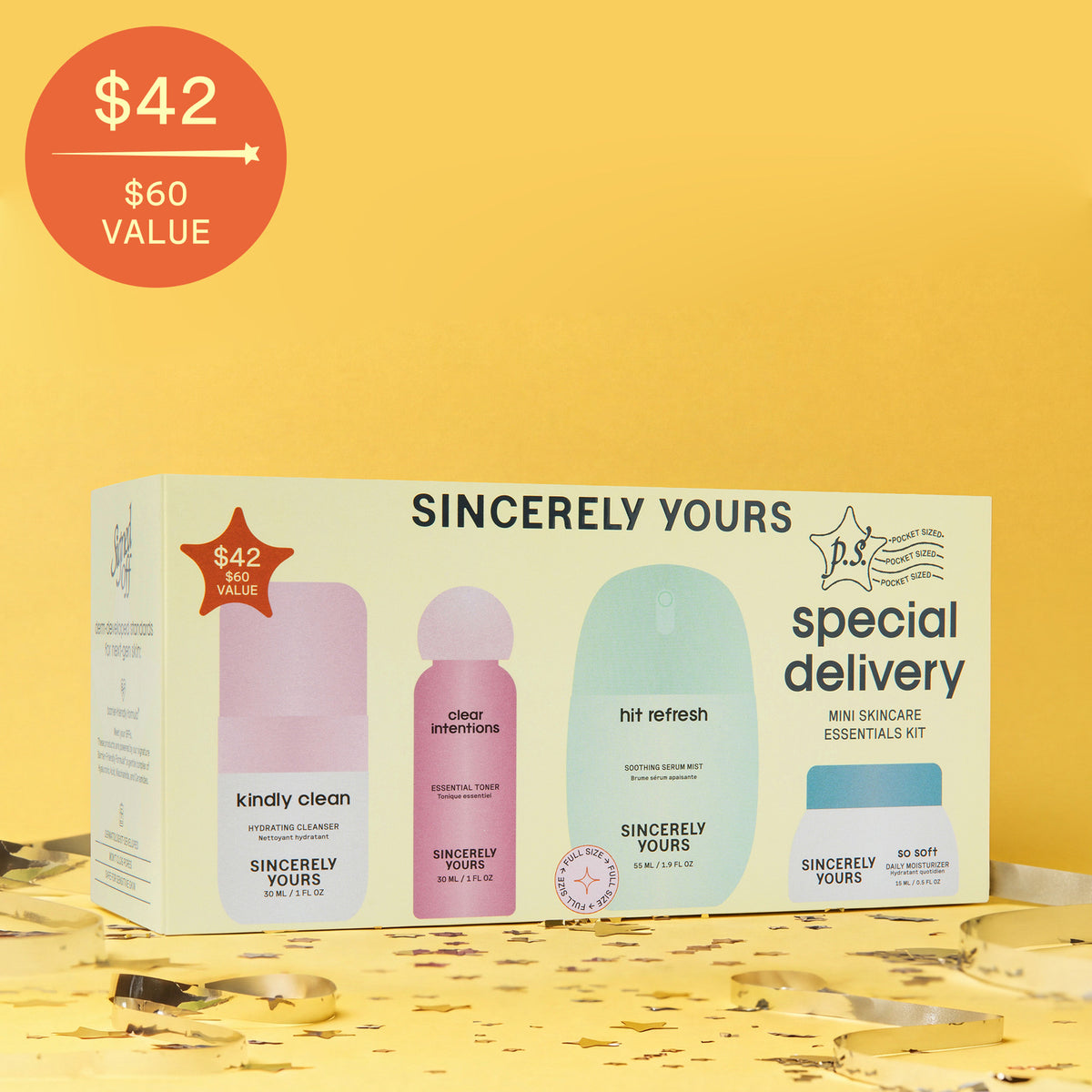 P.S. Special Delivery mini skincare essentials set carton, $42 / $60 value