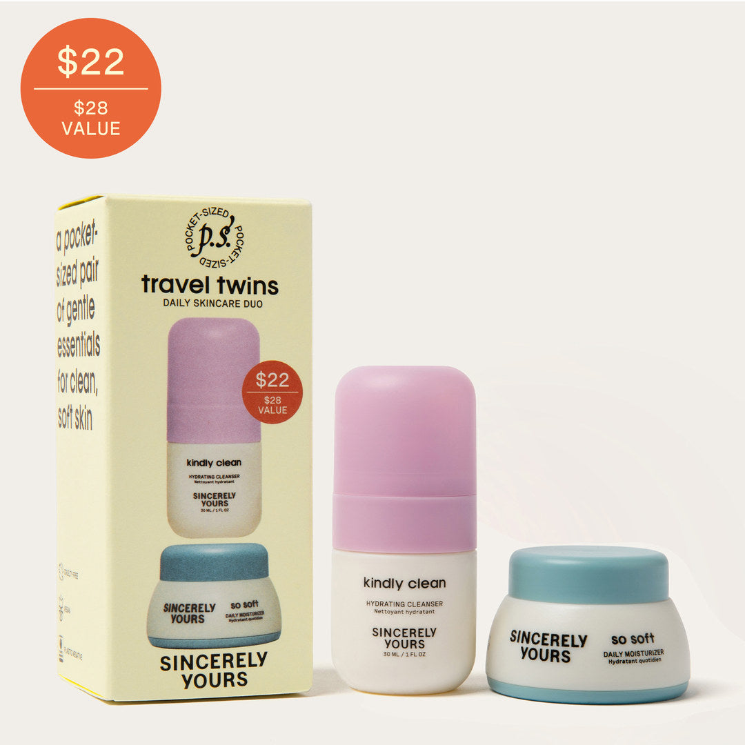 P.S. Travel Twins daily skincare duo carton with kindly clean hydrating cleanser and so soft daily moisturizer, $22 / $28 value