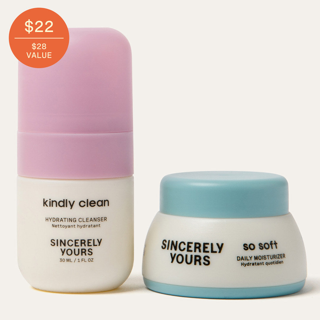 P.S. Travel Twins kindly clean hydrating cleanser and so soft daily moisturizer minis